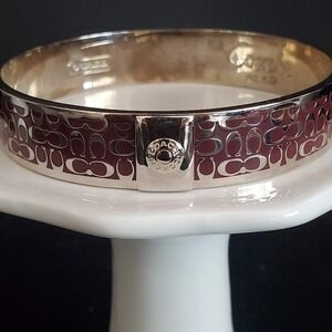 Coach Signature C Enamel Bangle Bracelet Maroon Burgundy Silver Tone 7 3/4 Inch